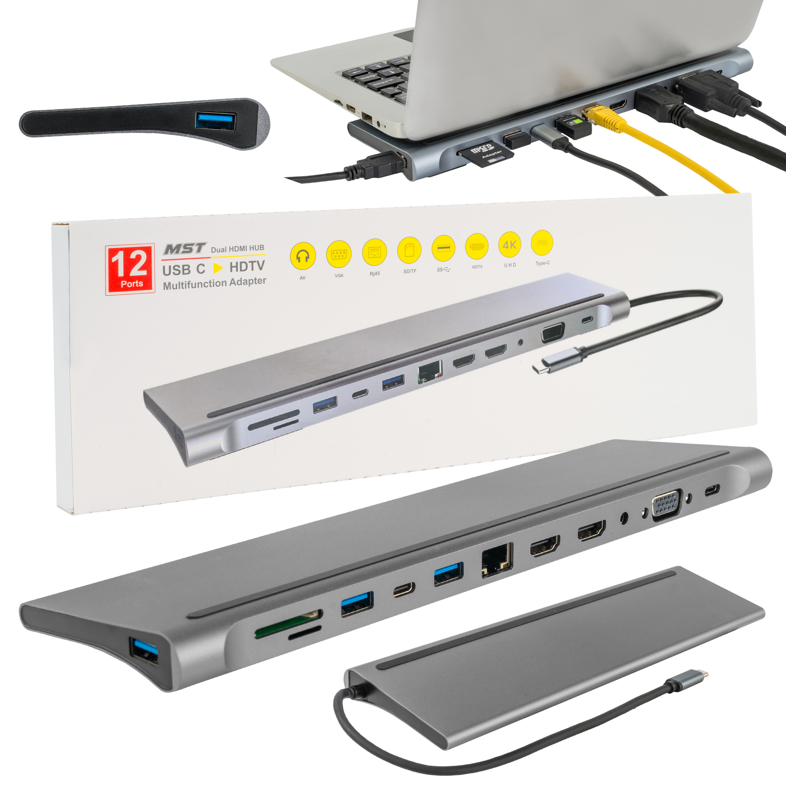 HUB USB-C z dwoma portami HDMI, VGA, LAN RJ45, USB 3.0