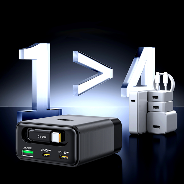 Wieloportowa Ładowarka Sieciowa GaN 100W z Wbudowanym Kablem USB-C USB-A