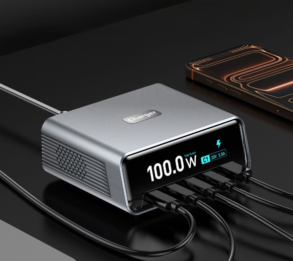 Inteligentna Stacja Ładowania 5w1 Biurkowa 100W GaN USB-C USB-A QC PD