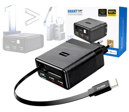 Wieloportowa Ładowarka Sieciowa GaN 100W z Wbudowanym Kablem USB-C USB-A