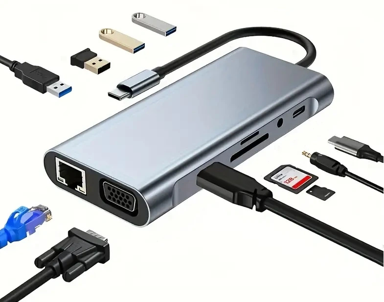 Adapter Przejściówka HUB 11w1 USB-C HDMI 4k Power Delivery USB LAN Gigabit