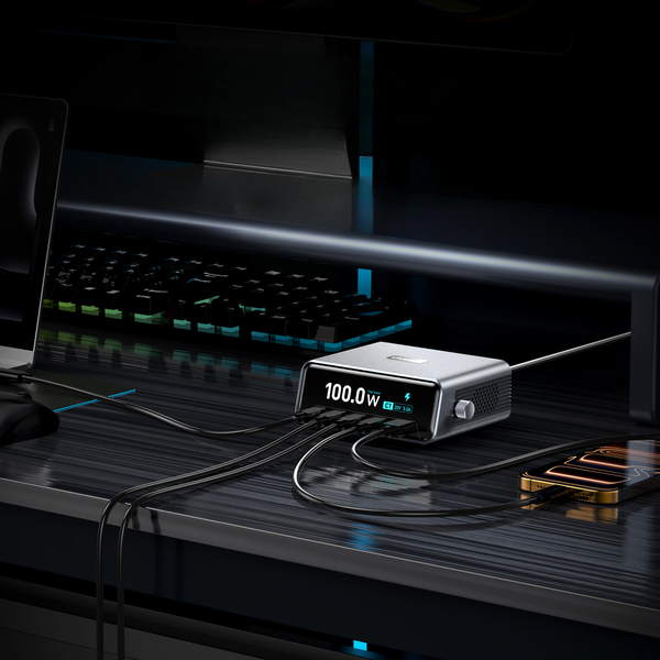 Inteligentna Stacja Ładowania 5w1 Biurkowa 100W GaN USB-C USB-A QC PD