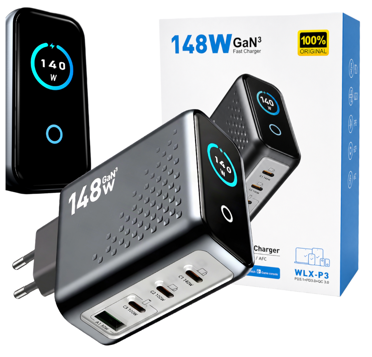 Ładowarka Stacja Ładowania Biurkowa GaN 148W USB-C USB-A Wyświetlacz LCD PD