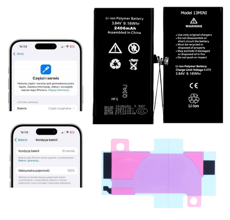 Bateria do iPhone 13 mini BEZ KOMUNIKATU 2406 mAh OEM Jakość Kondycja 100%
