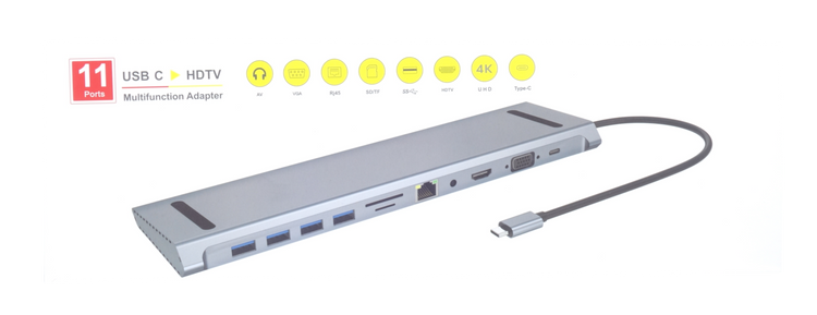 HUB USB-C HDMI 4k VGA LAN RJ45 4x USB SD Card Jack 3,5mm Power Delivery 87W