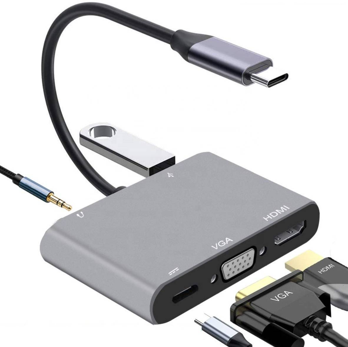Adapter przejściówka HUB USB-C HDMI 4k USB 3.0 VGA Jack 3,5mm PD