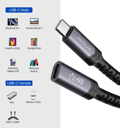 JSAUX Przedłużacz USB-C 3.2 100W 5A 10Gbps iPhone MacBook iPad Magsafe 4k 60Hz 2m