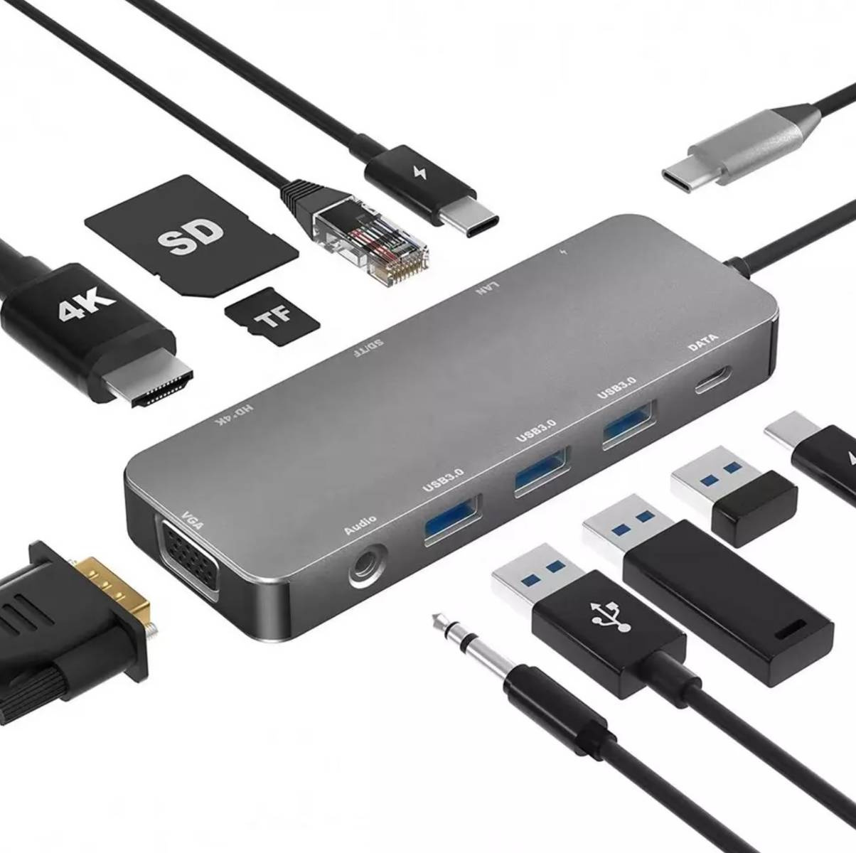 Adapter HUB USB-C HDMI 4k, VGA, PD Power Delivery 100W, LAN Gigabit 1Gbps