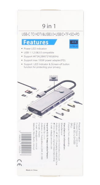 Stacja Dokująca 9w1 HUB USB 3.0 HDMI Power Delivery 100W 4K 60Hz Przycisk