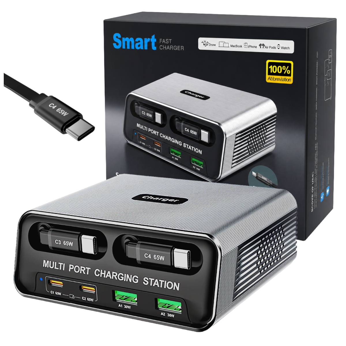 Stacja Ładowania Ładowarka Biurkowa GaN 100W USB-C USB-A Kabel 70cm PD