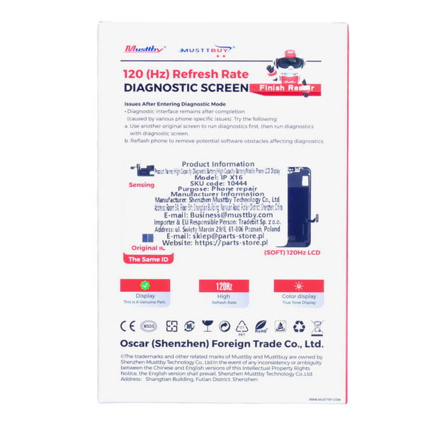 Wyświetlacz do Apple iPhone 16 120Hz z taśmą Proximity Sensor Diagnostic