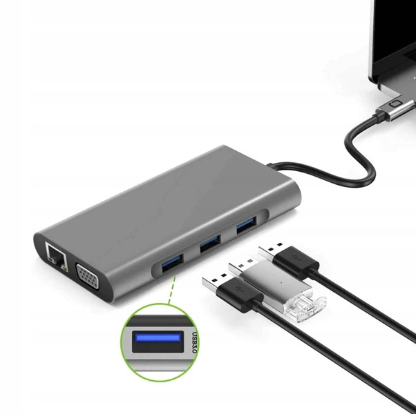 Adapter HUB USB-C LAN Gigabit RJ45 HDMI 4k Micro SD 3x USB 3.0 Power Delivery PD