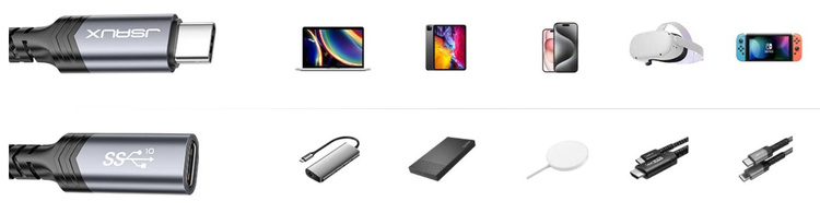 JSAUX Przedłużacz USB-C 3.2 100W 5A 10Gbps iPhone MacBook iPad Magsafe 4k 60Hz 2m