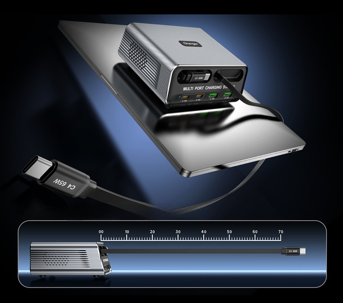 Stacja Ładowania Ładowarka Biurkowa GaN 100W USB-C USB-A Kabel 70cm PD