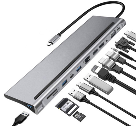 Adapter przejściówka HUB USB-C 2x HDMI 4k VGA LAN RJ45 USB 3.0 FT/SD Jack 3,5mm PD