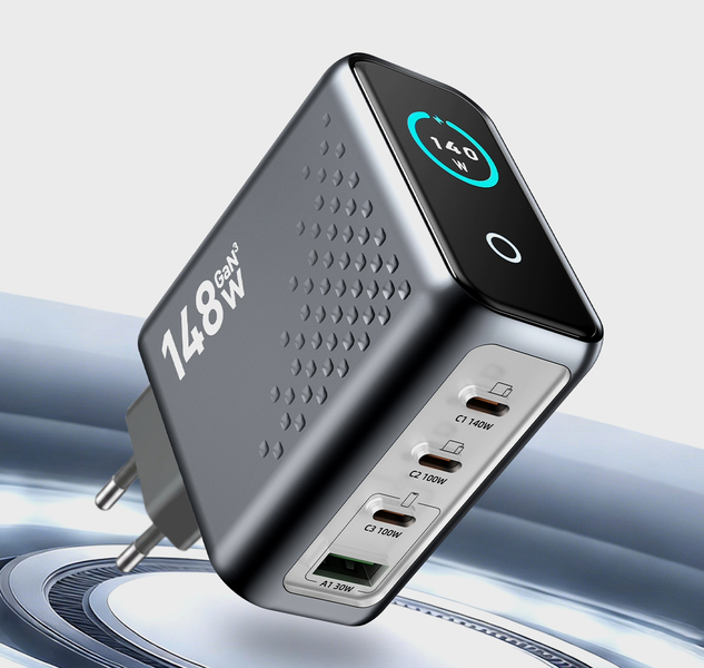 Ładowarka Stacja Ładowania Biurkowa GaN 148W USB-C USB-A Wyświetlacz LCD PD