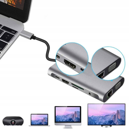 Adapter HUB USB-C LAN Gigabit RJ45 HDMI 4k Micro SD 3x USB 3.0 Power Delivery PD