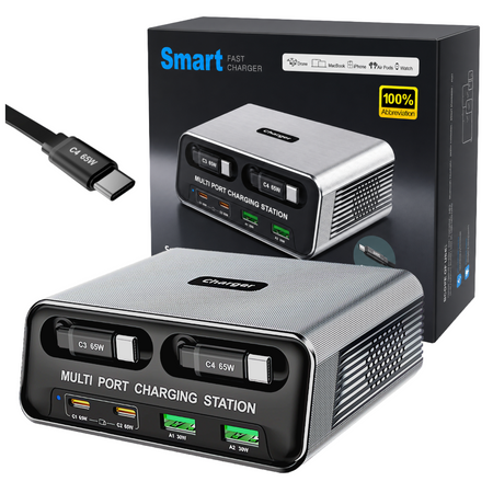 Stacja Ładowania Ładowarka Biurkowa GaN 100W USB-C USB-A Kabel 70cm PD