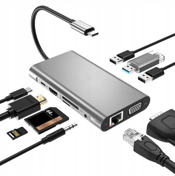 Adapter HUB USB-C LAN Gigabit RJ45 HDMI 4k Micro SD 3x USB 3.0 Power Delivery PD