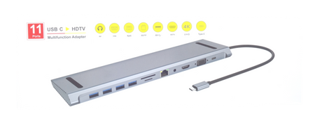 HUB USB-C HDMI 4k VGA LAN RJ45 4x USB SD Card Jack 3,5mm Power Delivery 87W