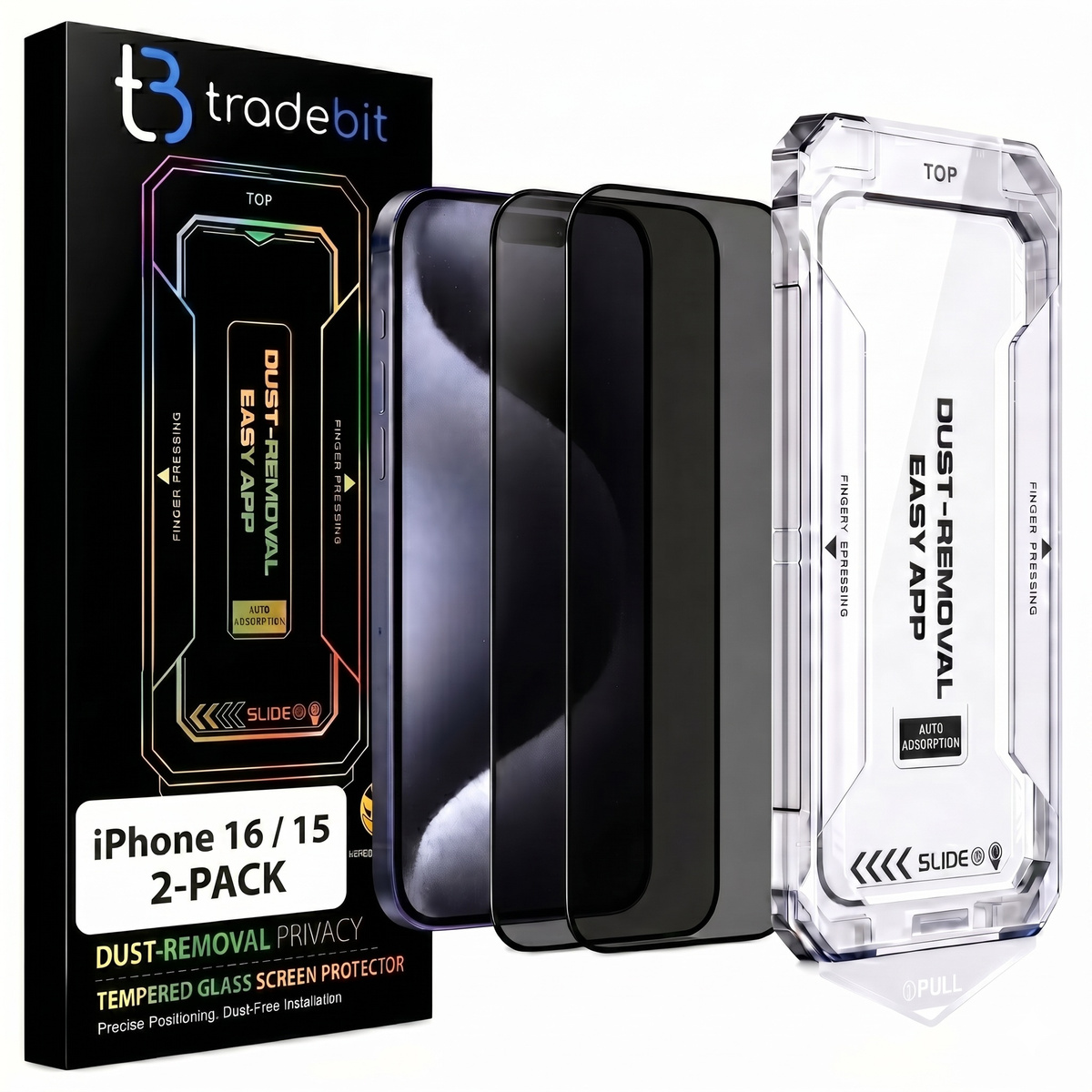 2x Szkło hartowane Prywatyzujące z aplikatorem do iPhone 16 / 15 Szybka