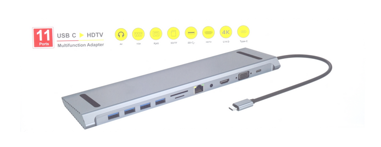 HUB USB-C HDMI 4k VGA LAN RJ45 4x USB SD Card Jack 3,5mm Power Delivery 87W