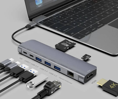 Adapter HUB USB-C HDMI 4k LAN RJ45 Gigabit PD 100W USB 3.0