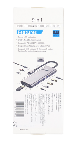 Stacja Dokująca 9w1 HUB USB 3.0 HDMI Power Delivery 100W 4K 60Hz Przycisk