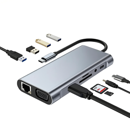 Adapter Przejściówka HUB 11w1 USB-C HDMI 4k Power Delivery USB LAN Gigabit