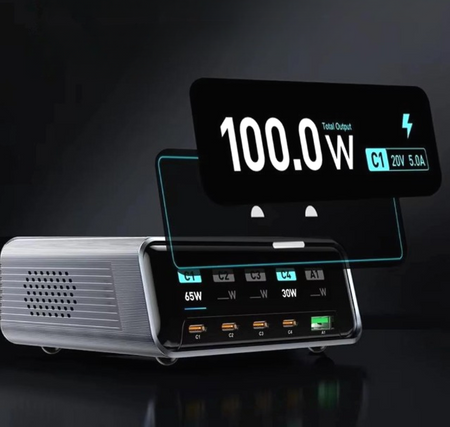 Inteligentna Stacja Ładowania 5w1 Biurkowa 100W GaN USB-C USB-A QC PD