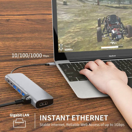 Adapter HUB USB-C HDMI 4k LAN RJ45 Gigabit PD 100W USB 3.0