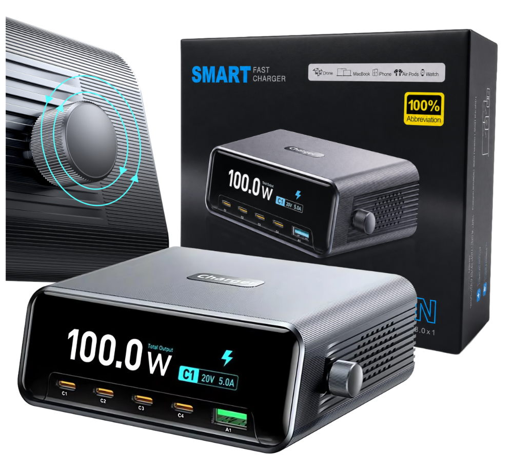Inteligentna Stacja Ładowania 5w1 Biurkowa 100W GaN USB-C USB-A QC PD