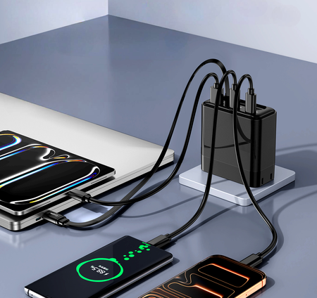Wieloportowa Ładowarka Sieciowa GaN 100W z Wbudowanym Kablem USB-C USB-A