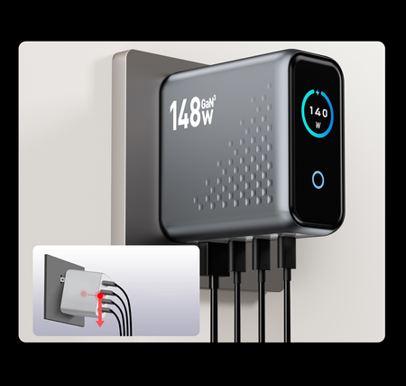 Ładowarka Stacja Ładowania Biurkowa GaN 148W USB-C USB-A Wyświetlacz LCD PD
