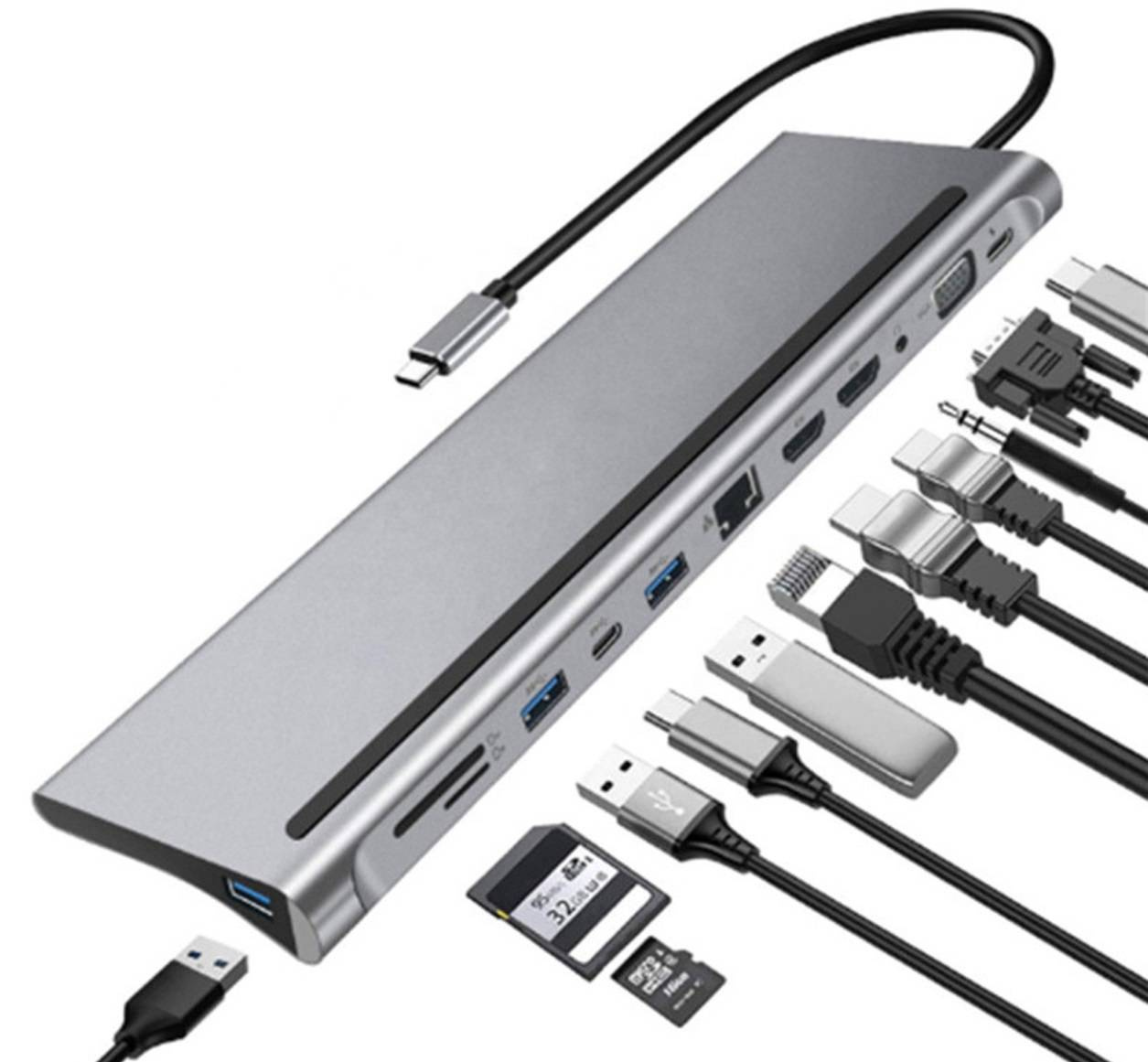 Adapter przejściówka HUB USB-C 2x HDMI 4k VGA LAN RJ45 USB 3.0 FT/SD Jack 3,5mm PD