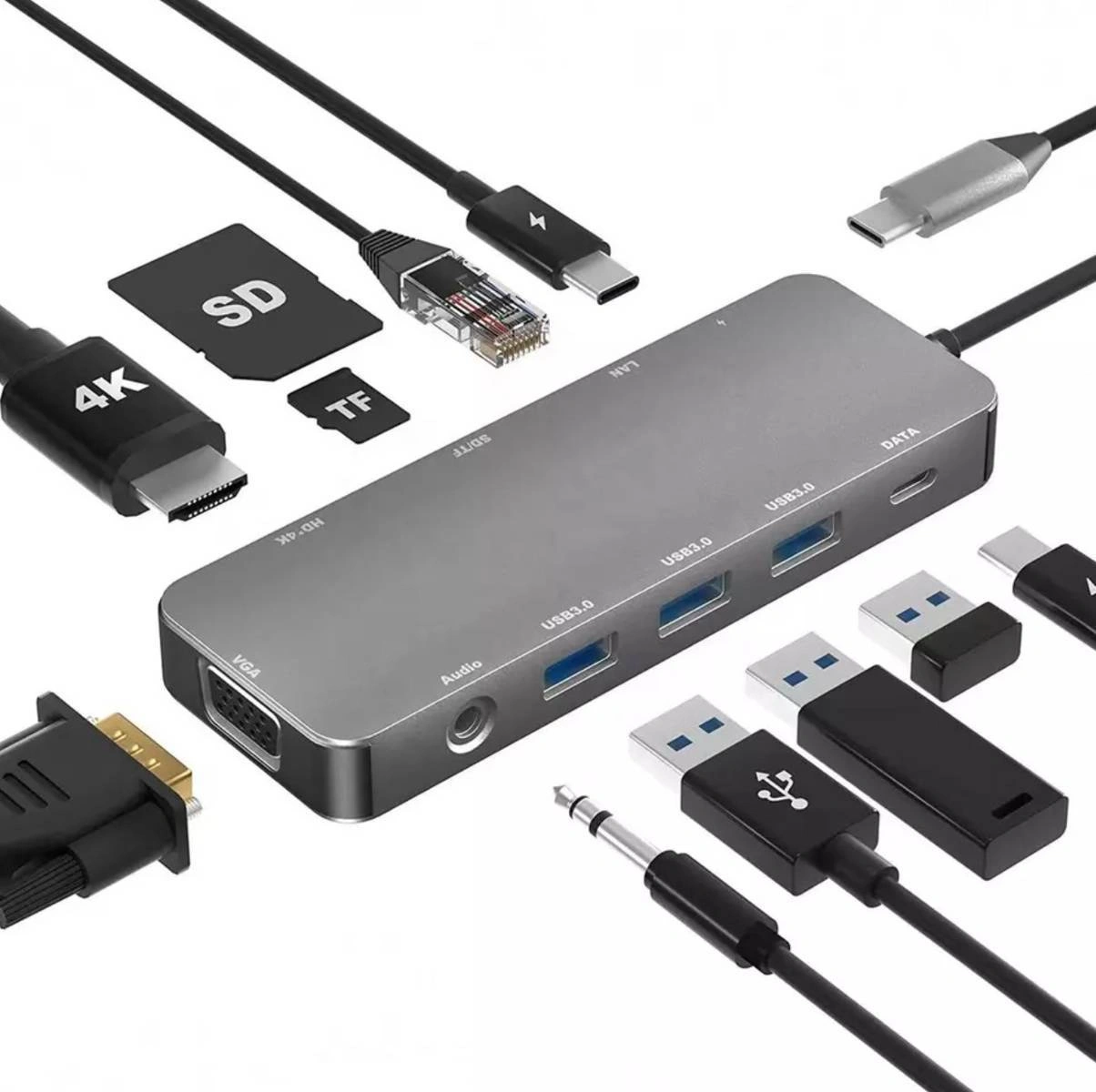 Adapter HUB USB-C HDMI 4k, VGA, PD Power Delivery 100W, LAN Gigabit 1Gbps