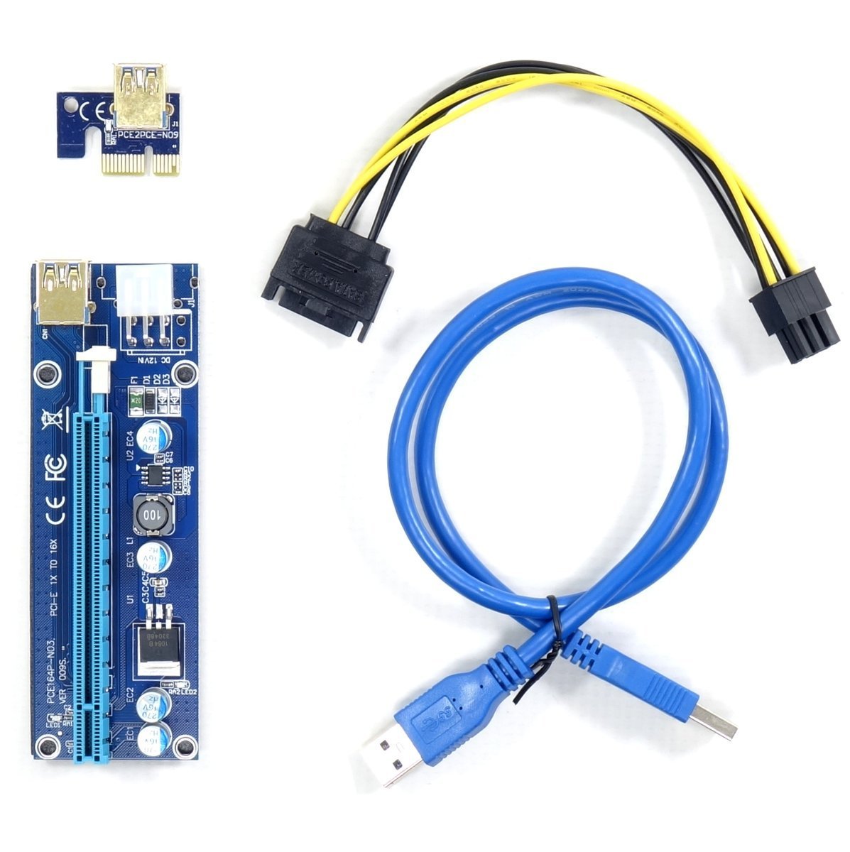 Riser PCI-E 1x - 16x USB 3.0 SATA 6-PIN ver 009s niebieski
