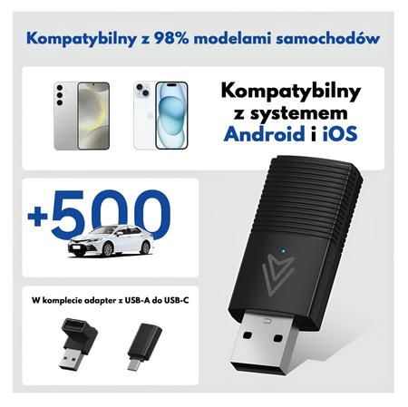 Bezprzewodowy Adapter Mini USB 2w1 TRADEBIT do CarPlay / Android Auto